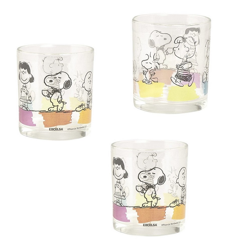 Bicchiere acqua vetro decorato fantasia PEANUTS set 3 pezzi